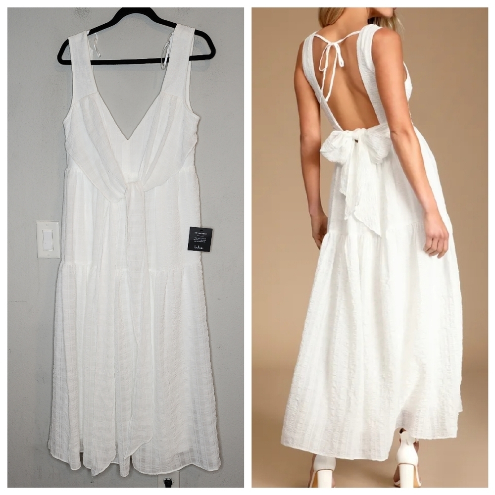 NWT Lulus What a Trend White Tie-Back Tiered Midi/Maxi Dress.